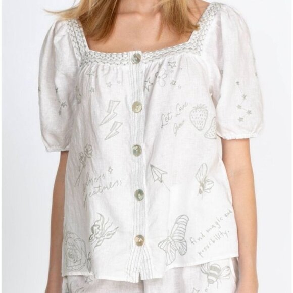 Johnny Was Short Sleeve Embroidered Square Neck Sovanna‎ Wander Top White Gray S - Picture 1 of 9
